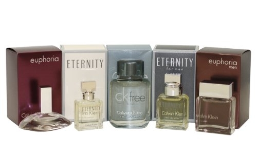 Calvin Klein mini set Darčeková sada, Euphoria Woman 4ml + Eternity Woman 5ml + CK Free 10ml + Eternity Man 10ml + Euphoria Man 10ml - poškodený obal